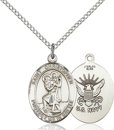 [1176SS6/18SS] Sterling Silver Saint Christopher Navy Pendant on a 18 inch Sterling Silver Light Curb chain