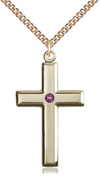 [2192GF-STN2/24GF] 14kt Gold Filled Cross Pendant with a 3mm Amethyst Swarovski stone on a 24 inch Gold Filled Heavy Curb chain