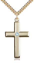 [2192GF-STN3/24G] 14kt Gold Filled Cross Pendant with a 3mm Aqua Swarovski stone on a 24 inch Gold Plate Heavy Curb chain