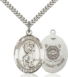 [1177SS3/24S] Sterling Silver Saint Christopher Coast Guard Pendant on a 24 inch Light Rhodium Heavy Curb chain