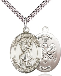 [1177SS5/24S] Sterling Silver Saint Christopher National Guard Pendant on a 24 inch Light Rhodium Heavy Curb chain