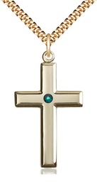 [2192GF-STN5/24G] 14kt Gold Filled Cross Pendant with a 3mm Emerald Swarovski stone on a 24 inch Gold Plate Heavy Curb chain