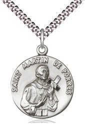 [1196SS/24S] Sterling Silver Saint Martin de Porres Pendant on a 24 inch Light Rhodium Heavy Curb chain