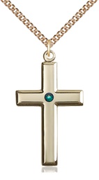 [2192GF-STN5/24GF] 14kt Gold Filled Cross Pendant with a 3mm Emerald Swarovski stone on a 24 inch Gold Filled Heavy Curb chain