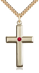 [2192GF-STN7/24G] 14kt Gold Filled Cross Pendant with a 3mm Ruby Swarovski stone on a 24 inch Gold Plate Heavy Curb chain