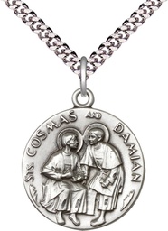 [1368SS/24S] Sterling Silver Saints Cosmas &amp; Damian Pendant on a 24 inch Light Rhodium Heavy Curb chain