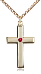 [2192GF-STN7/24GF] 14kt Gold Filled Cross Pendant with a 3mm Ruby Swarovski stone on a 24 inch Gold Filled Heavy Curb chain