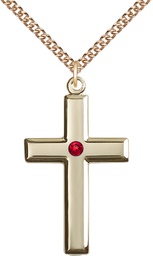 [2192GF-STN7/24GF] 14kt Gold Filled Cross Pendant with a 3mm Ruby Swarovski stone on a 24 inch Gold Filled Heavy Curb chain