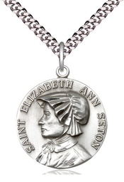 [1463SS/24S] Sterling Silver Saint Elizabeth Ann Seton Pendant on a 24 inch Light Rhodium Heavy Curb chain