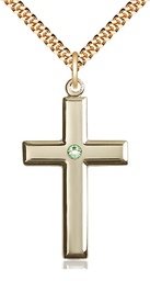 [2192GF-STN8/24G] 14kt Gold Filled Cross Pendant with a 3mm Peridot Swarovski stone on a 24 inch Gold Plate Heavy Curb chain