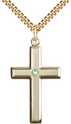 [2192GF-STN8/24G] 14kt Gold Filled Cross Pendant with a 3mm Peridot Swarovski stone on a 24 inch Gold Plate Heavy Curb chain