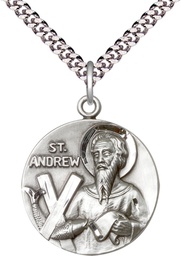 [1552SS/24S] Sterling Silver Saint Andrew Pendant on a 24 inch Light Rhodium Heavy Curb chain