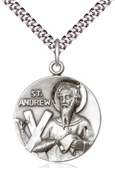 [1552SS/24S] Sterling Silver Saint Andrew Pendant on a 24 inch Light Rhodium Heavy Curb chain