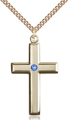 [2192GF-STN9/24GF] 14kt Gold Filled Cross Pendant with a 3mm Sapphire Swarovski stone on a 24 inch Gold Filled Heavy Curb chain