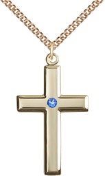 [2192GF-STN9/24GF] 14kt Gold Filled Cross Pendant with a 3mm Sapphire Swarovski stone on a 24 inch Gold Filled Heavy Curb chain