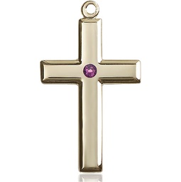 [2192KT-STN2] 14kt Gold Cross Medal with a 3mm Amethyst Swarovski stone