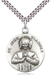 [2279SS/24S] Sterling Silver Saint John Vianney Pendant on a 24 inch Light Rhodium Heavy Curb chain