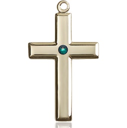 [2192KT-STN5] 14kt Gold Cross Medal with a 3mm Emerald Swarovski stone