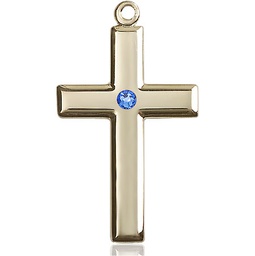 [2192KT-STN9] 14kt Gold Cross Medal with a 3mm Sapphire Swarovski stone