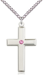 [2192SS-STN10/24SS] Sterling Silver Cross Pendant with a 3mm Rose Swarovski stone on a 24 inch Sterling Silver Heavy Curb chain