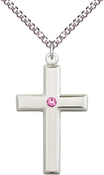 [2192SS-STN10/24SS] Sterling Silver Cross Pendant with a 3mm Rose Swarovski stone on a 24 inch Sterling Silver Heavy Curb chain