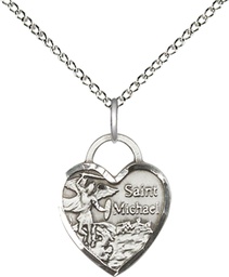 [3403SS/18SS] Sterling Silver Saint Michael Heart Pendant on a 18 inch Sterling Silver Light Curb chain