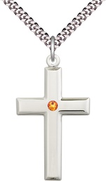 [2192SS-STN11/24S] Sterling Silver Cross Pendant with a 3mm Topaz Swarovski stone on a 24 inch Light Rhodium Heavy Curb chain