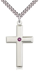 [2192SS-STN2/24S] Sterling Silver Cross Pendant with a 3mm Amethyst Swarovski stone on a 24 inch Light Rhodium Heavy Curb chain