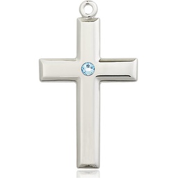 [2192SS-STN3] Sterling Silver Cross Medal with a 3mm Aqua Swarovski stone