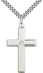 [2192SS-STN3/24S] Sterling Silver Cross Pendant with a 3mm Aqua Swarovski stone on a 24 inch Light Rhodium Heavy Curb chain