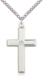 [2192SS-STN3/24SS] Sterling Silver Cross Pendant with a 3mm Aqua Swarovski stone on a 24 inch Sterling Silver Heavy Curb chain