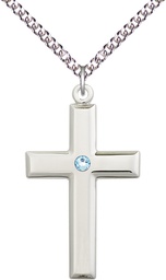 [2192SS-STN3/24SS] Sterling Silver Cross Pendant with a 3mm Aqua Swarovski stone on a 24 inch Sterling Silver Heavy Curb chain