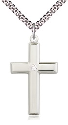 [2192SS-STN4/24S] Sterling Silver Cross Pendant with a 3mm Crystal Swarovski stone on a 24 inch Light Rhodium Heavy Curb chain