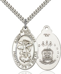 [1171SS1/24S] Sterling Silver Saint Michael Air Force Pendant on a 24 inch Light Rhodium Heavy Curb chain