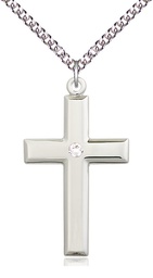 [2192SS-STN4/24SS] Sterling Silver Cross Pendant with a 3mm Crystal Swarovski stone on a 24 inch Sterling Silver Heavy Curb chain