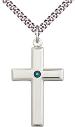 [2192SS-STN5/24S] Sterling Silver Cross Pendant with a 3mm Emerald Swarovski stone on a 24 inch Light Rhodium Heavy Curb chain