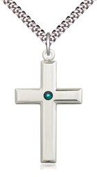 [2192SS-STN5/24S] Sterling Silver Cross Pendant with a 3mm Emerald Swarovski stone on a 24 inch Light Rhodium Heavy Curb chain