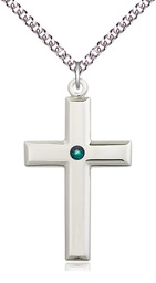 [2192SS-STN5/24SS] Sterling Silver Cross Pendant with a 3mm Emerald Swarovski stone on a 24 inch Sterling Silver Heavy Curb chain