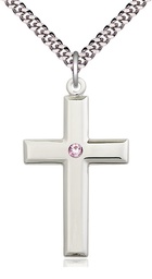 [2192SS-STN6/24S] Sterling Silver Cross Pendant with a 3mm Light Amethyst Swarovski stone on a 24 inch Light Rhodium Heavy Curb chain