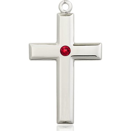 [2192SS-STN7] Sterling Silver Cross Medal with a 3mm Ruby Swarovski stone