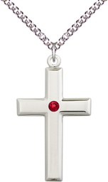 [2192SS-STN7/24SS] Sterling Silver Cross Pendant with a 3mm Ruby Swarovski stone on a 24 inch Sterling Silver Heavy Curb chain