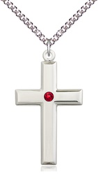 [2192SS-STN7/24SS] Sterling Silver Cross Pendant with a 3mm Ruby Swarovski stone on a 24 inch Sterling Silver Heavy Curb chain