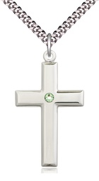 [2192SS-STN8/24S] Sterling Silver Cross Pendant with a 3mm Peridot Swarovski stone on a 24 inch Light Rhodium Heavy Curb chain