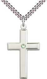 [2192SS-STN8/24S] Sterling Silver Cross Pendant with a 3mm Peridot Swarovski stone on a 24 inch Light Rhodium Heavy Curb chain