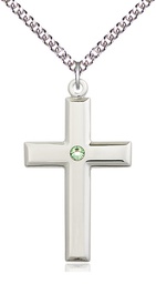 [2192SS-STN8/24SS] Sterling Silver Cross Pendant with a 3mm Peridot Swarovski stone on a 24 inch Sterling Silver Heavy Curb chain