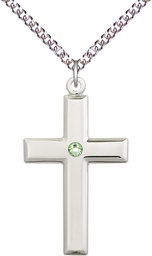 [2192SS-STN8/24SS] Sterling Silver Cross Pendant with a 3mm Peridot Swarovski stone on a 24 inch Sterling Silver Heavy Curb chain