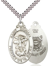 [1171SS3/24S] Sterling Silver Saint Michael Guardian Angel Coast Guard Pendant on a 24 inch Light Rhodium Heavy Curb chain