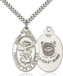 [1171SS3/24S] Sterling Silver Saint Michael Guardian Angel Coast Guard Pendant on a 24 inch Light Rhodium Heavy Curb chain