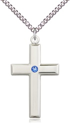 [2192SS-STN9/24SS] Sterling Silver Cross Pendant with a 3mm Sapphire Swarovski stone on a 24 inch Sterling Silver Heavy Curb chain