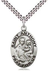 [4021SS/24S] Sterling Silver Saint Anthony of Padua Pendant on a 24 inch Light Rhodium Heavy Curb chain
